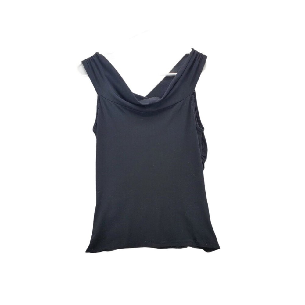 STUDIO Y Shirt Women's Dress Tank Top Gathered Sides, Floral Applique Black Med. - Picture 5 of 6